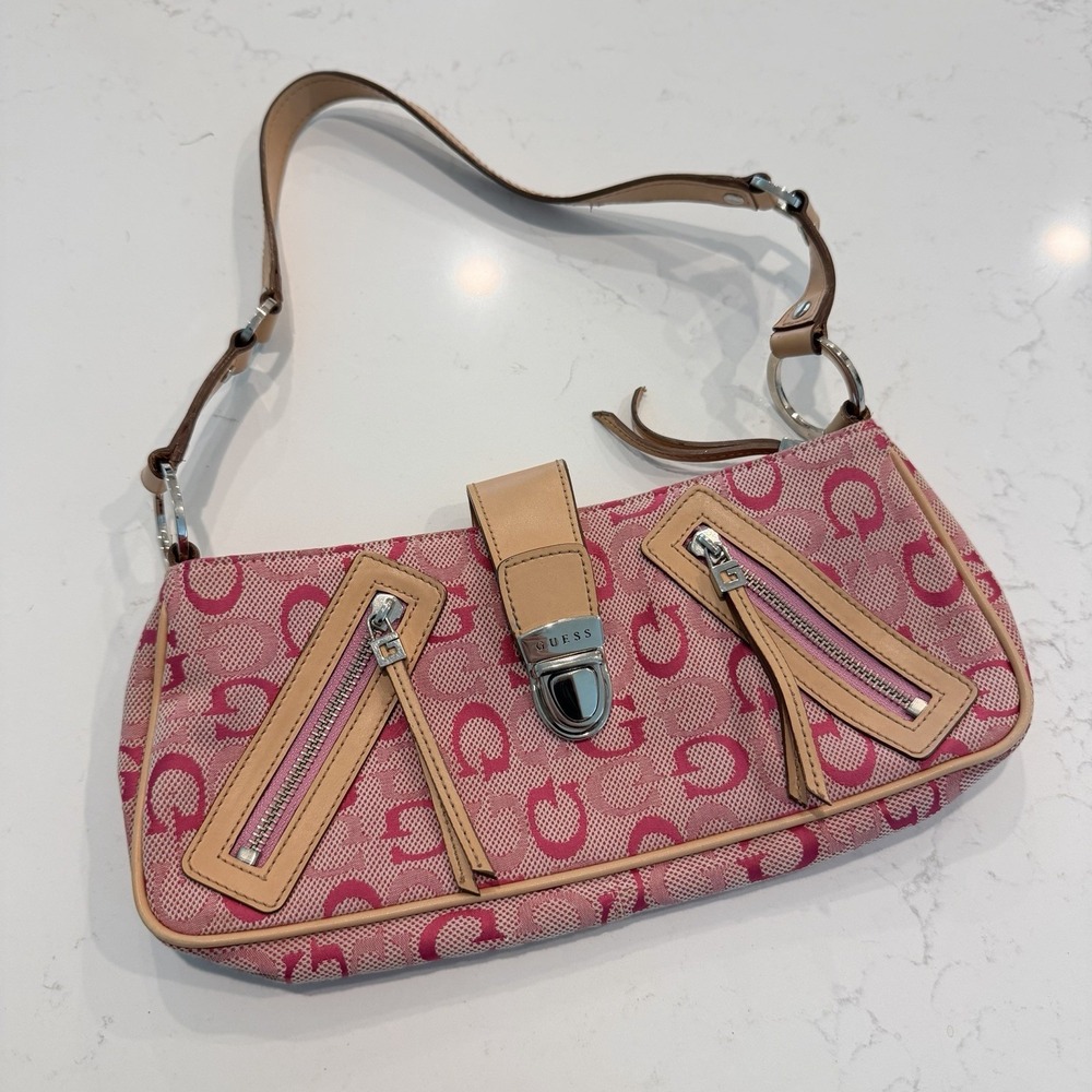 Vintage Y2K GUESS Pink Logo Mini Bag Small Shoulder Purse Turn Lock Tan Baguette
